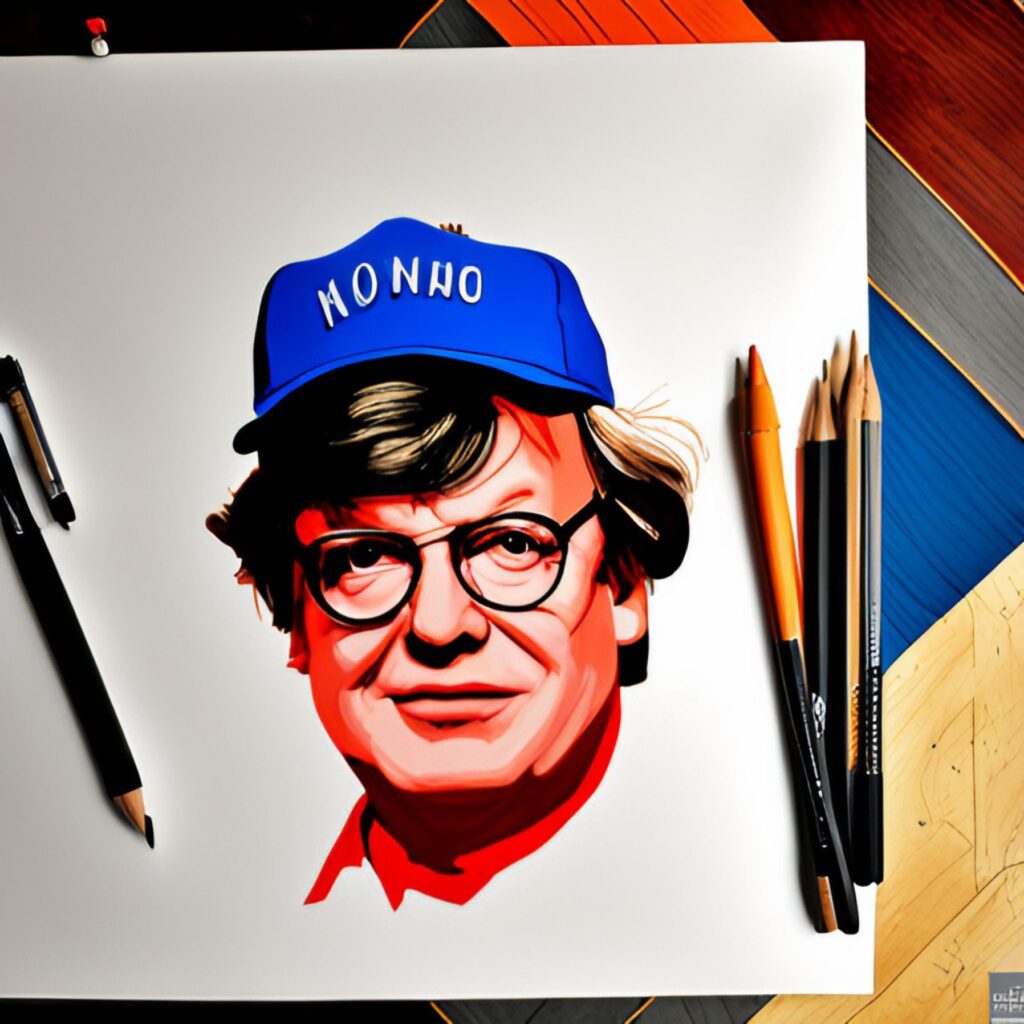 an Andy Warhol-style portrait of Michael Moore, using bright and bold colors with a touch of photo-realism. Draw Moore in an abstract way that conveys the spirit of saving democracy in 2023